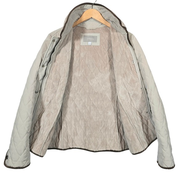 Croft & Borrow Quilted Jacket Lined Women's Size L Beige Velvet Trim Pockets - Picture 4 of 9